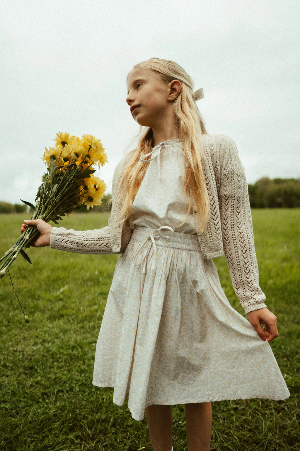 Girls Pointelle Cardigan-Wheat - Image 3