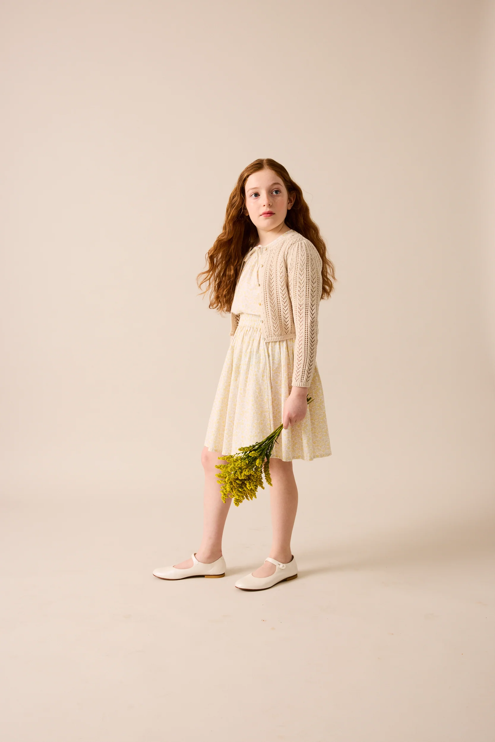 Girls Pointelle Cardigan-Wheat - Image 4